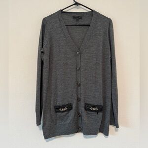 Ann Taylor Wool Blend Grey Longline Button Front Jeweled Cardigan Sweater Medium
